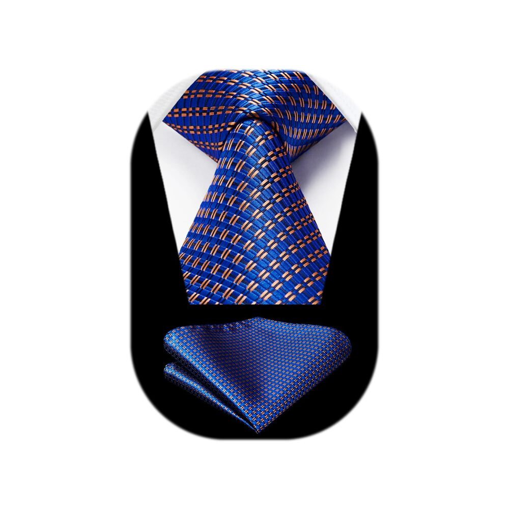 6459 Royal Blue Ties Formal Plaid Tie with Pocket Square Set Ties
